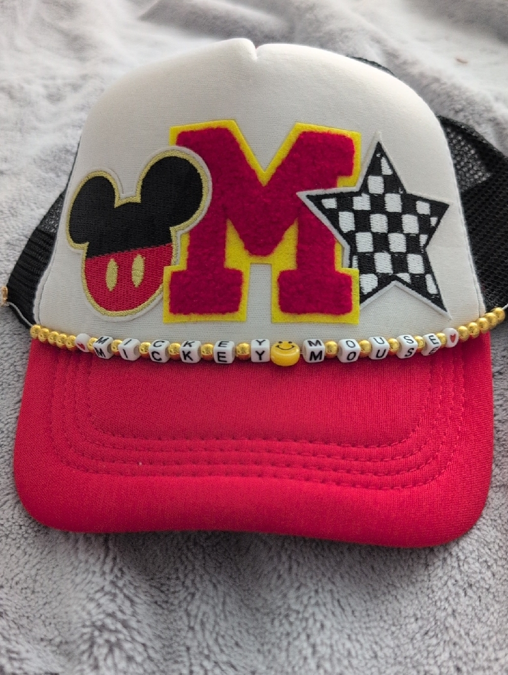 Hand Made Disney Patch Trucker Hat with Beaded 'Mickey Mouse' Hat Chain